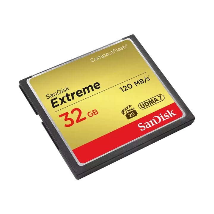 ClubCamera.com SanDisk Extreme 32GB CompactFlash card angled view showing brushed silver border and gold label