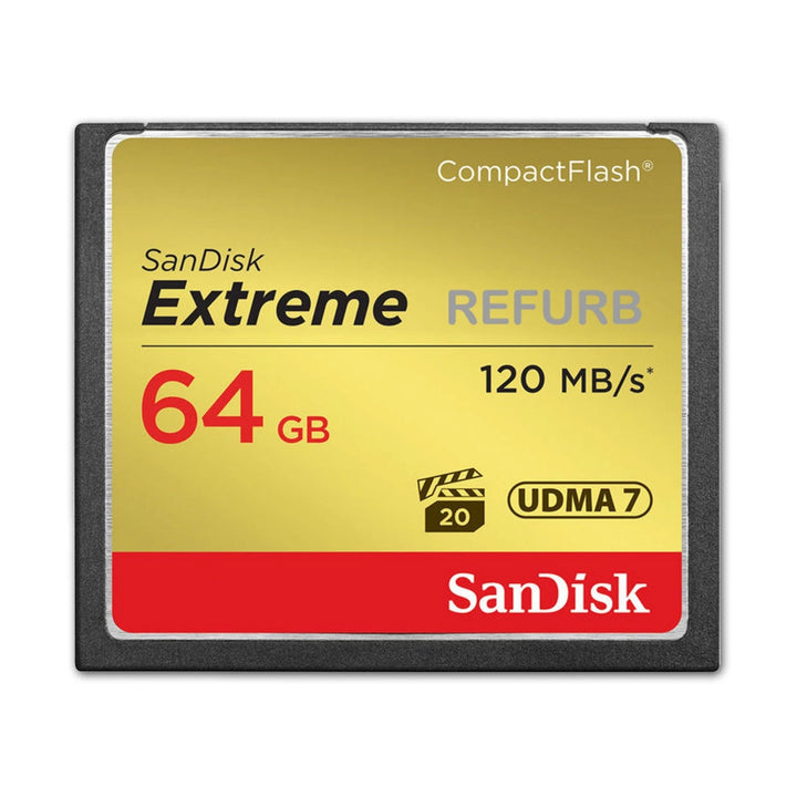 SanDisk Extreme 64GB CompactFlash memory card with gold red label and black casing by ClubCamera.com