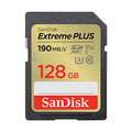 ClubCamera.com front view of renewed SanDisk Extreme PLUS 128GB SDXC UHS-I memory card with gold label and red branding