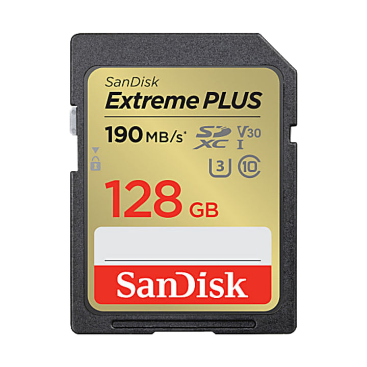 ClubCamera.com front view of renewed SanDisk Extreme PLUS 128GB SDXC UHS-I memory card with gold label and red branding