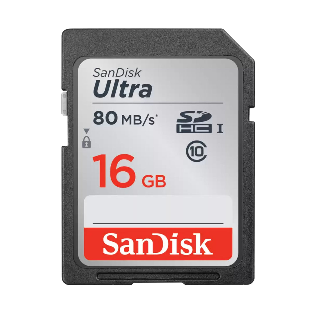 Front view of black SanDisk Ultra 16GB SDHC card with Class 10 logo and silver label at ClubCamera.com