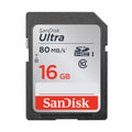 Front view of black SanDisk Ultra 16GB SDHC card with Class 10 logo and silver label at ClubCamera.com
