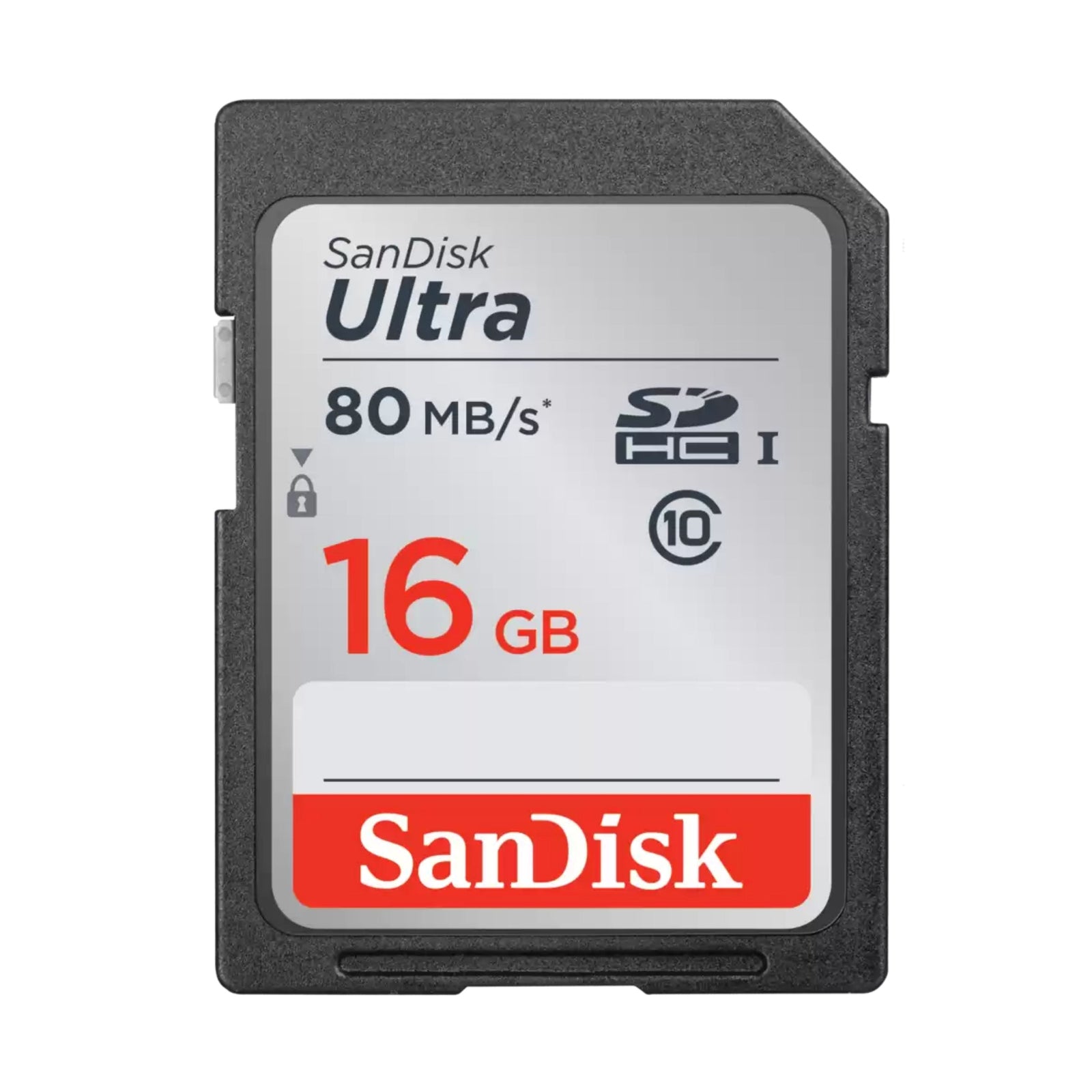 Front view of black SanDisk Ultra 16GB SDHC card with Class 10 logo and silver label at ClubCamera.com