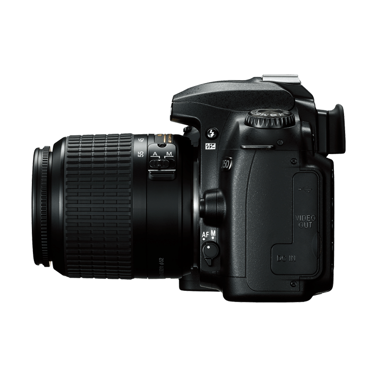 ClubCamera.com black Nikon D50 DSLR side profile with 18-55mm lens showing textured grip and ports