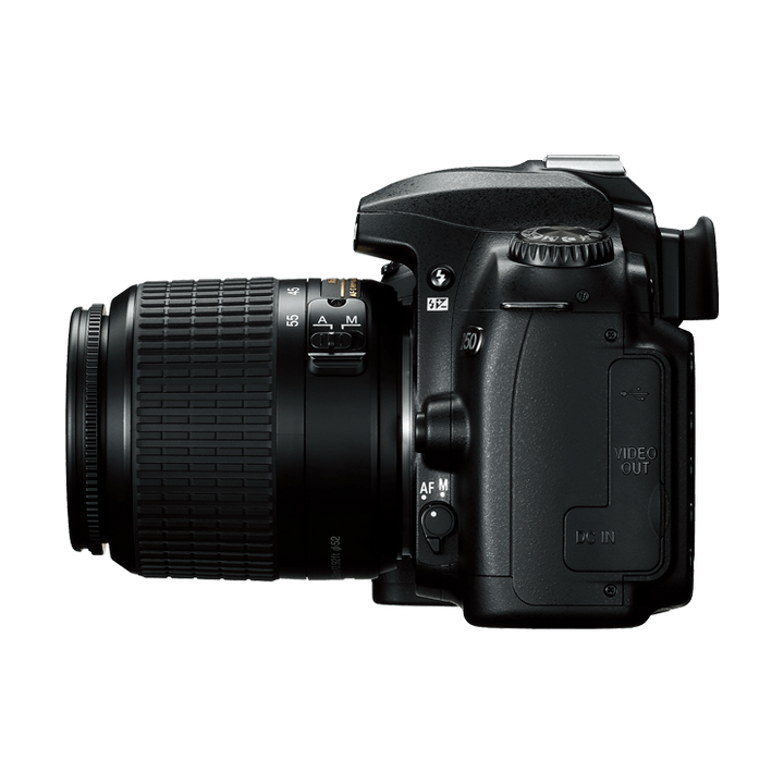 ClubCamera.com black Nikon D50 DSLR side profile with 18-55mm lens showing textured grip and ports