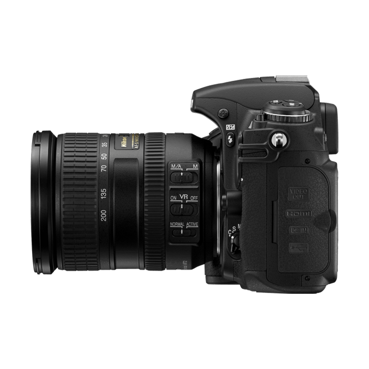 Side profile of Nikon D300 DSLR body by ClubCamera.com displaying HDMI ports, magnesium alloy texture, and mode dial