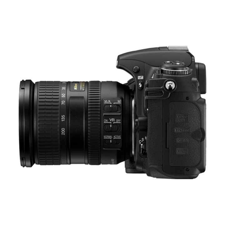 Side profile of Nikon D300 DSLR body by ClubCamera.com displaying HDMI ports, magnesium alloy texture, and mode dial