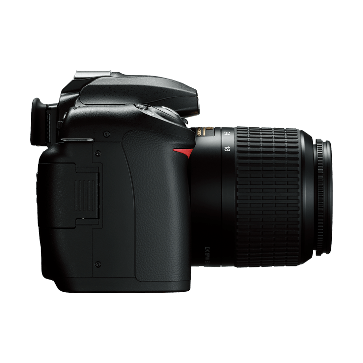 ClubCamera.com left angle of black Nikon D50 highlighting rubberized grip, flash housing, and focal length ring