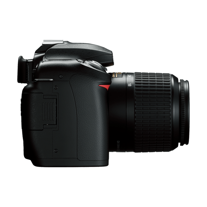 ClubCamera.com left angle of black Nikon D50 highlighting rubberized grip, flash housing, and focal length ring