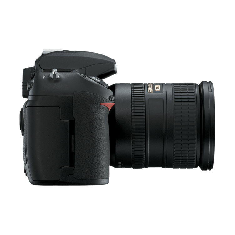 ClubCamera.com black Nikon D200 side profile with AF-S DX NIKKOR lens and gold branding