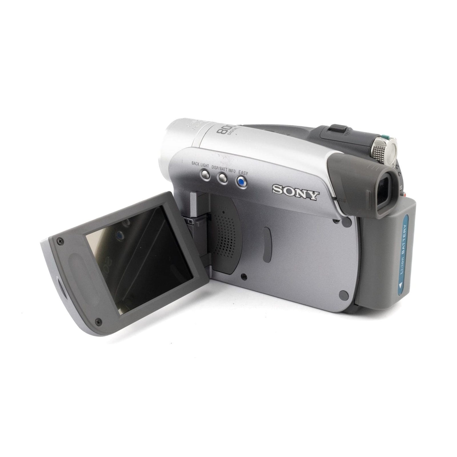 ClubCamera.com silver Sony Handycam DCR-HC28 with flip-out LCD screen, lithium battery pack, and control buttons