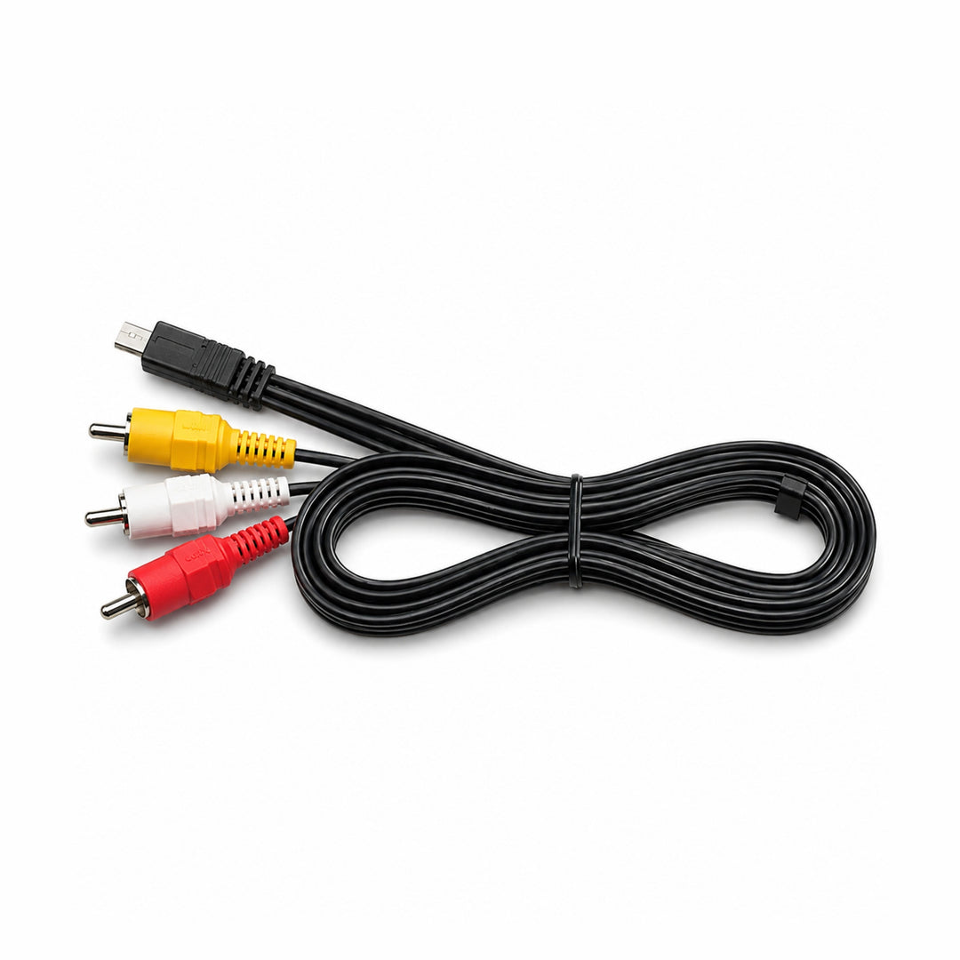 Sony VMC-15MR2 AV Cable with Multi Terminal for Handycam by ClubCamera.com showing coiled black cable with red white yellow RCA plugs and ribbed grips