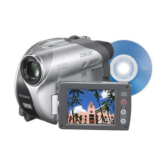 ClubCamera.com front view of silver Sony DCR-DVD105 Handycam with extended touch-screen display