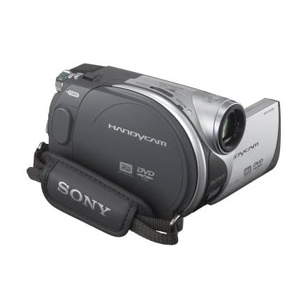 ClubCamera.com side profile of Sony DCR-DVD105 camcorder with wrist strap and ergonomic grip