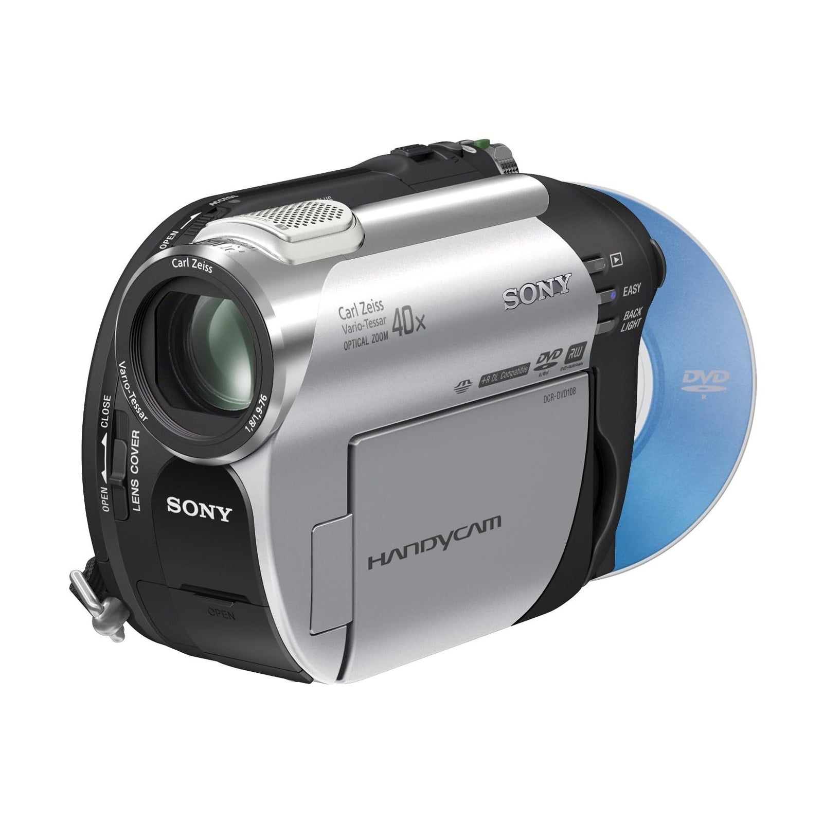 ClubCamera.com Sony DCR-DVD108 front view showing 40x zoom lens and microphone grille