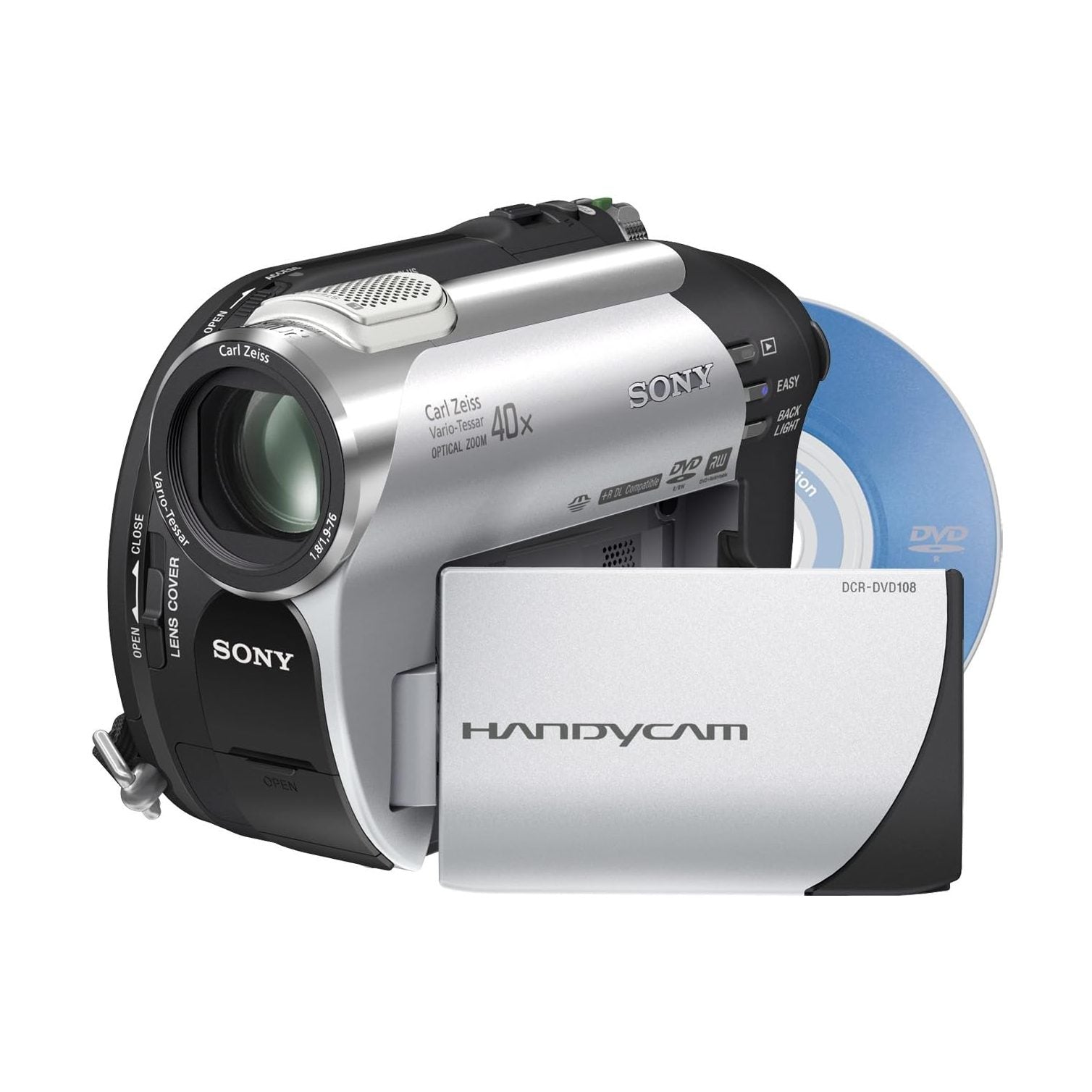 ClubCamera.com Sony DCR-DVD108 silver black camcorder with Carl Zeiss lens and DVD disc