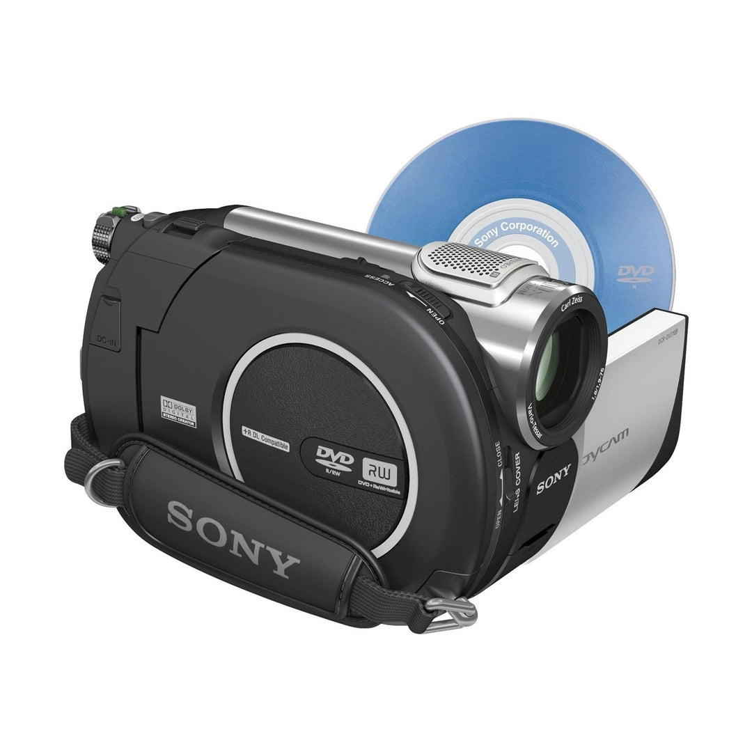 ClubCamera.com Sony DCR-DVD108 side profile with DVD slot and shoulder strap attachment