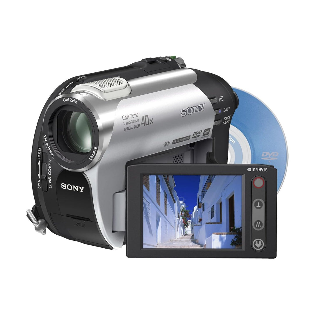ClubCamera.com Sony DCR-DVD108 with flipped out 2.7-inch LCD screen displaying street scene