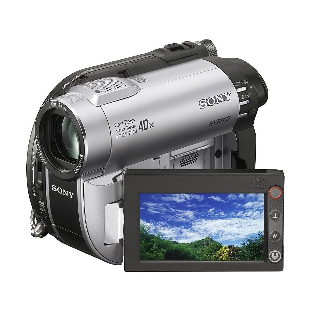 ClubCamera.com Sony hybrid camcorder open flip-out screen displaying mountain scene with 40x optical zoom