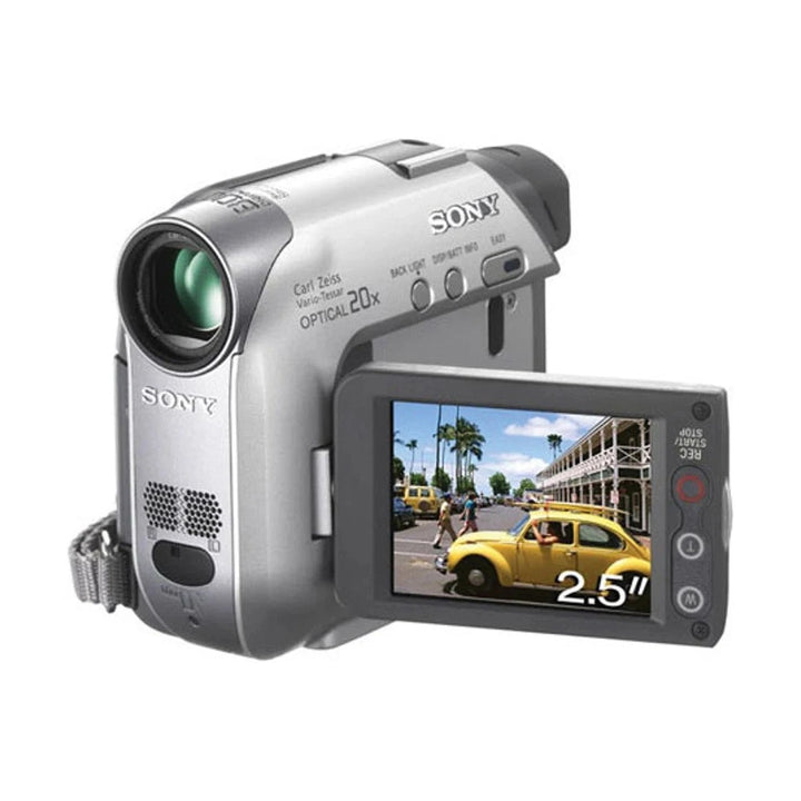 ClubCamera.com silver Sony DCR-HC21 camcorder showing open 2.5-inch LCD screen preview