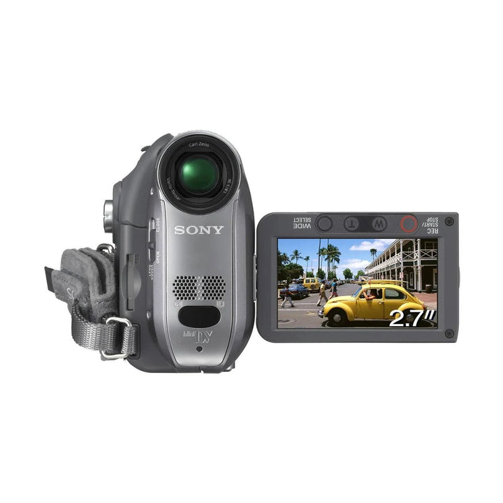 ClubCamera.com silver Sony DCR-HC42 MiniDV Handycam with Carl Zeiss lens and swivel LCD showing outdoor scene