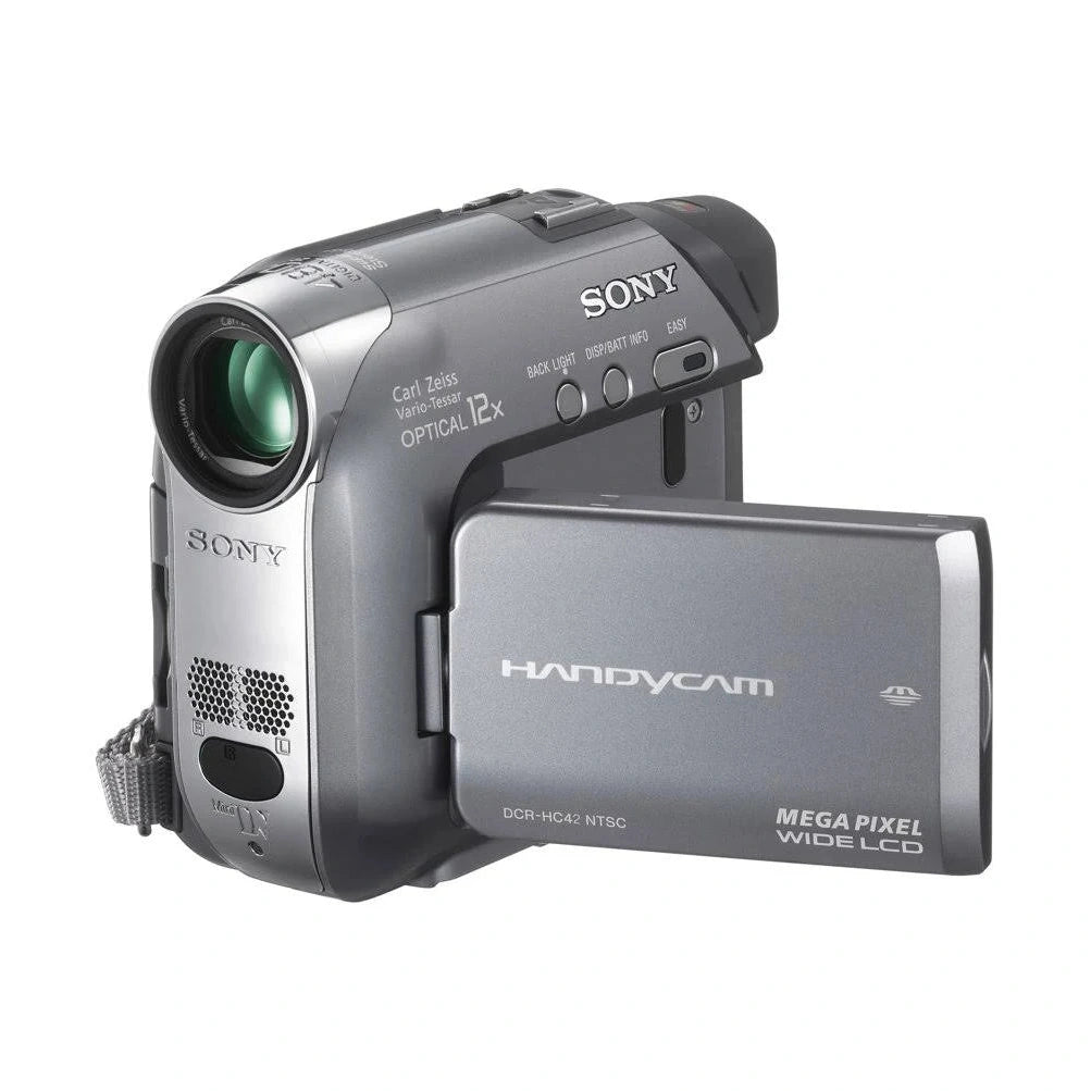 ClubCamera.com silver Sony DCR-HC42 MiniDV camcorder with open wide LCD screen and Carl Zeiss Vario-Tessar lens
