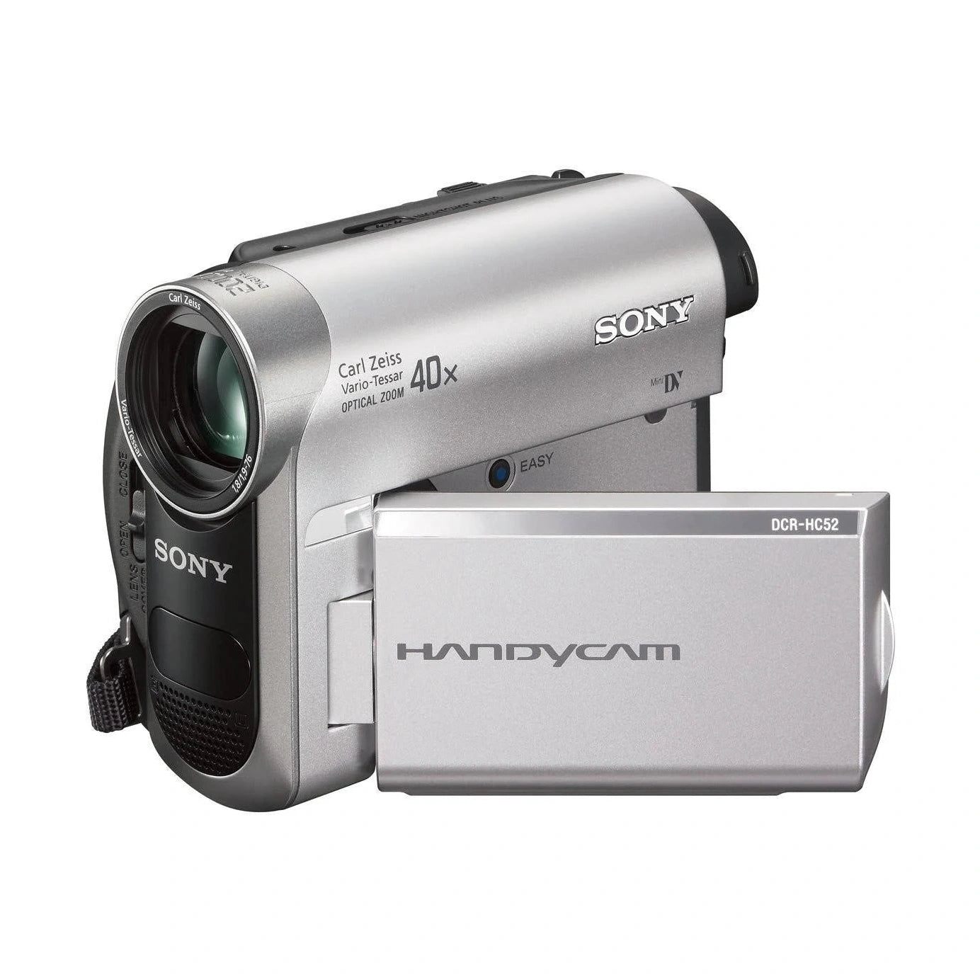 Silver and black Sony DCR-HC52 MiniDV Handycam with detachable battery pack and Carl Zeiss Vario-Tessar lens by ClubCamera.com