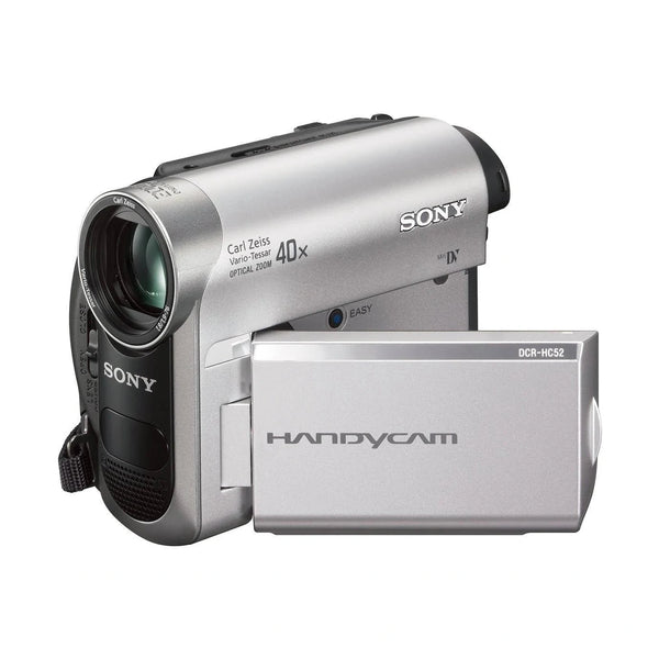 Silver and black Sony DCR-HC52 MiniDV Handycam with detachable battery pack and Carl Zeiss Vario-Tessar lens by ClubCamera.com