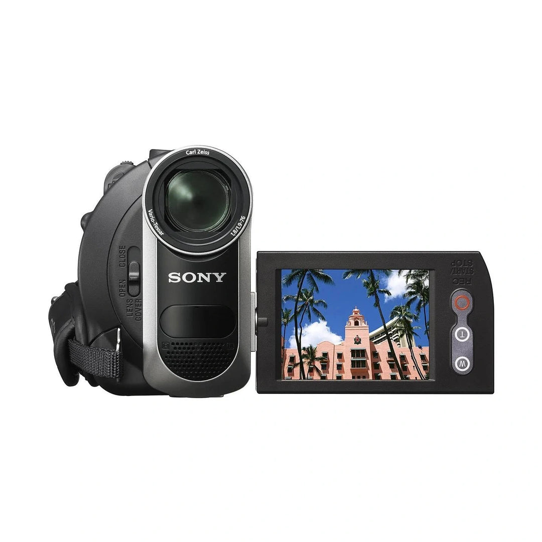 Black Sony DCR-HC52 MiniDV Handycam with Carl Zeiss lens and swivel LCD showing tropical scene by ClubCamera.com