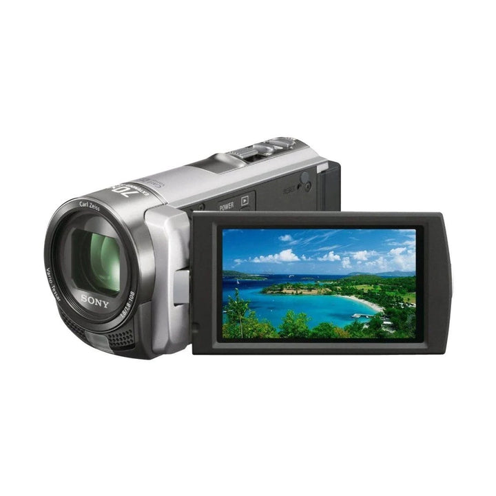 ClubCamera.com silver Sony DCR-SX45 Handycam angled view with open screen displaying coastal scene
