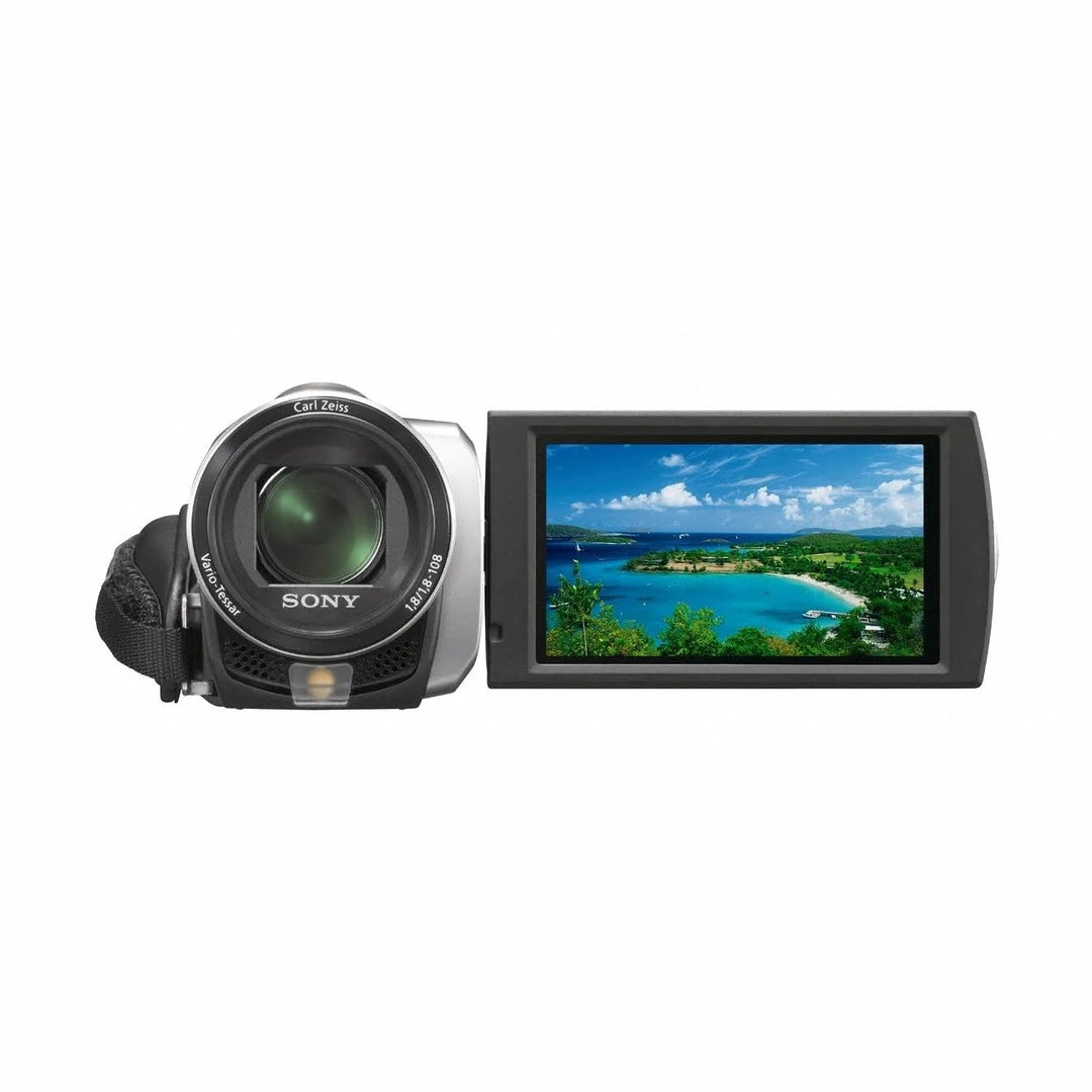 ClubCamera.com silver Sony DCR-SX45 Handycam with flip-out LCD showing beach video