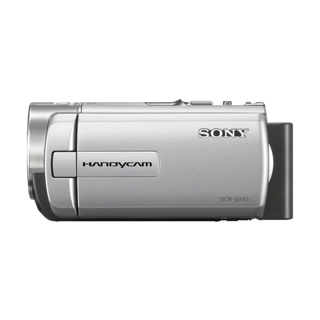ClubCamera.com slim silver Sony DCR-SX45 Handycam pocketable camcorder side profile