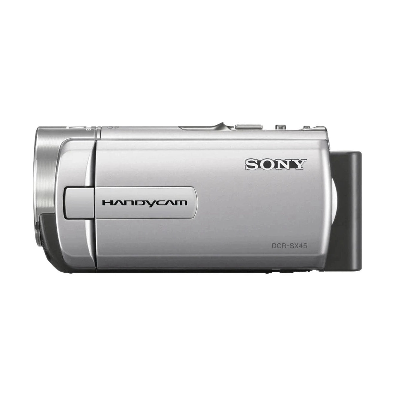 ClubCamera.com slim silver Sony DCR-SX45 Handycam pocketable camcorder side profile