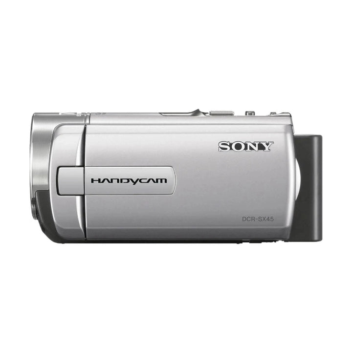ClubCamera.com slim silver Sony DCR-SX45 Handycam pocketable camcorder side profile