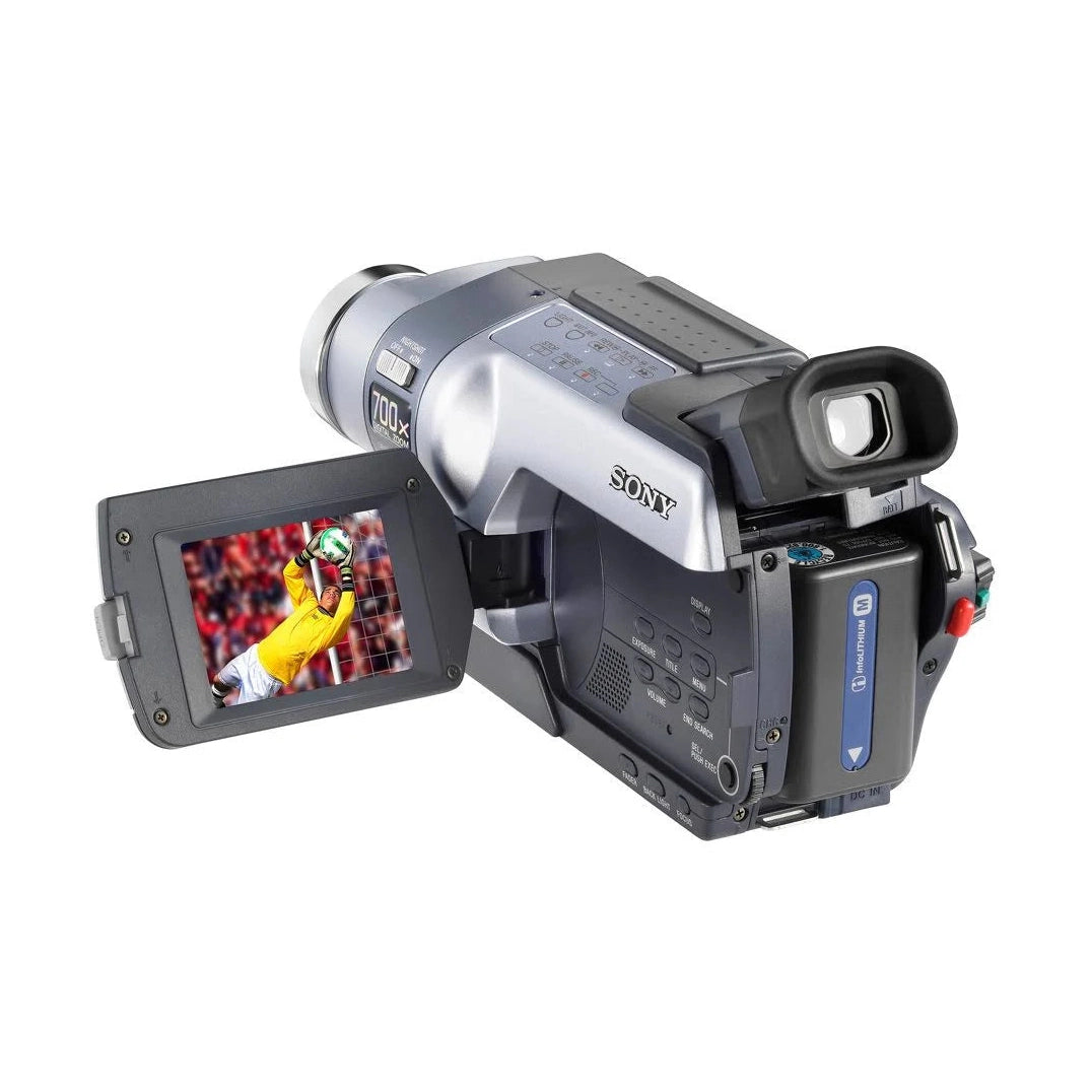 ClubCamera.com Sony DCR-TRV250 Digital8 camcorder with flip-out LCD showing soccer scene