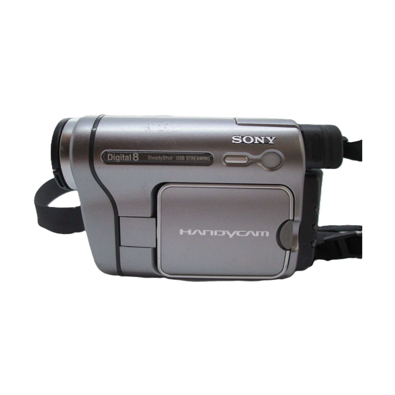 ClubCamera.com silver-gray Sony DCR-TRV280 Digital8 Handycam front profile with brushed metallic finish and SteadyShot USB STREAMING label
