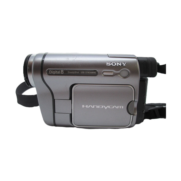 ClubCamera.com silver-gray Sony DCR-TRV280 Digital8 Handycam front profile with brushed metallic finish and SteadyShot USB STREAMING label
