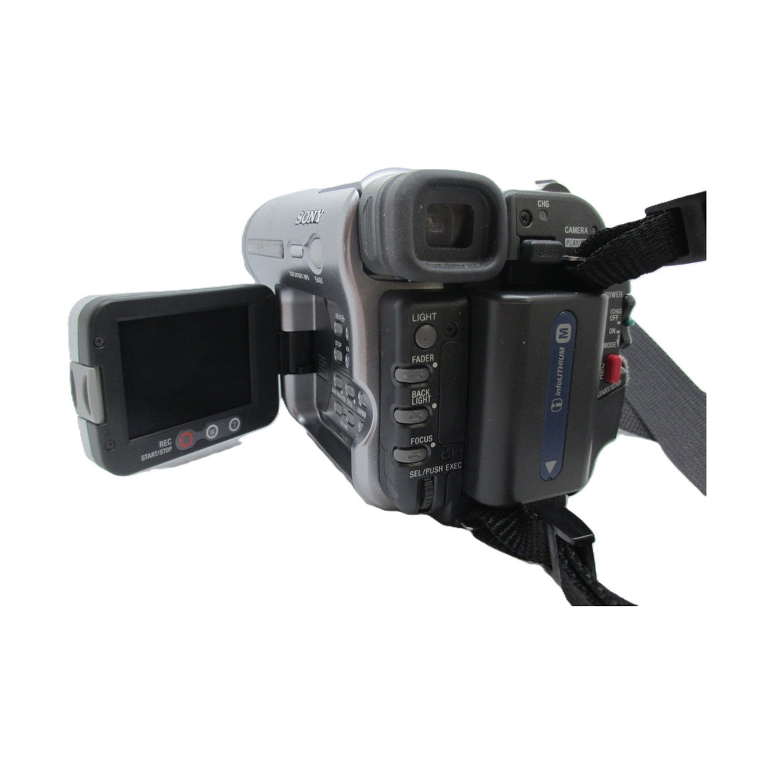 ClubCamera.com silver Sony DCR-TRV280 camcorder three-quarter view showing extended flip-out LCD screen and i-MULTILITHIUM M battery pack