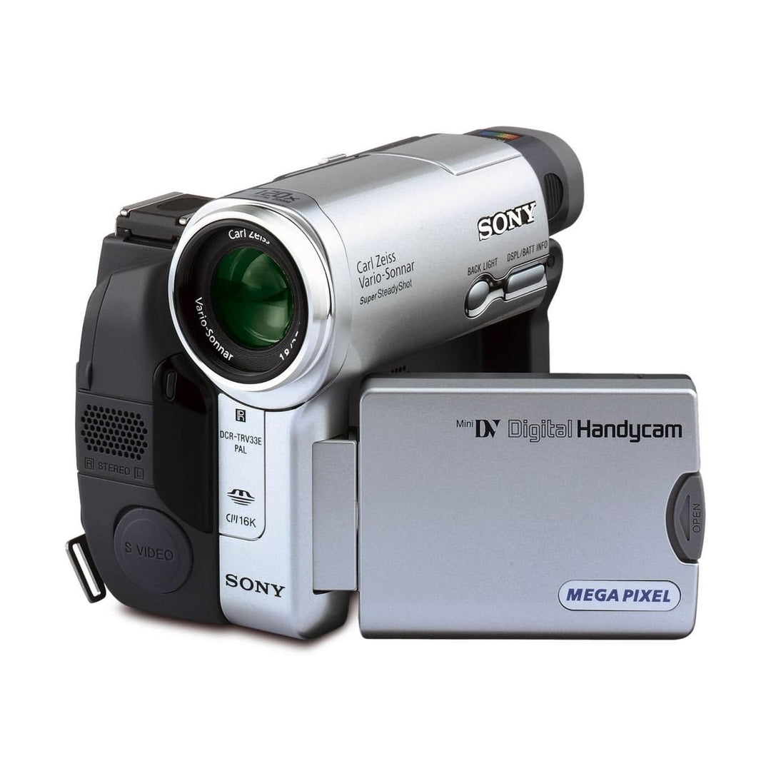 ClubCamera.com silver Sony DCR-TRV33 MiniDV Handycam with Carl Zeiss lens and flip-out LCD