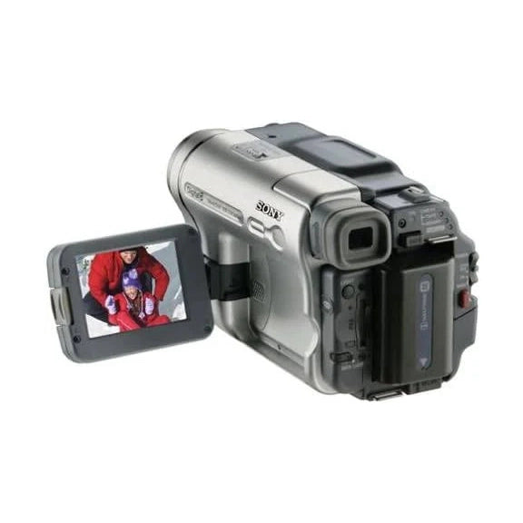 ClubCamera.com silver Sony DCR-TRV460 Handycam side angle showing extended flip-out LCD screen