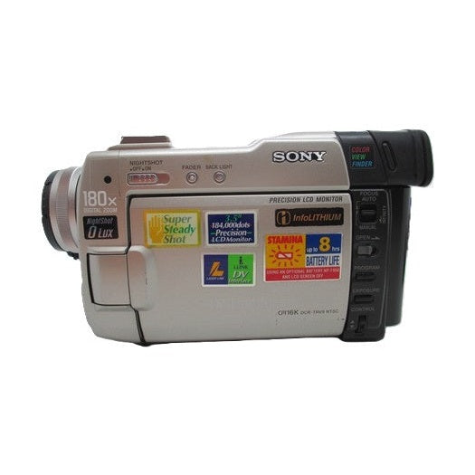 ClubCamera.com silver Sony DCR-TRV9 MiniDV camcorder front view with NightShot and zoom stickers