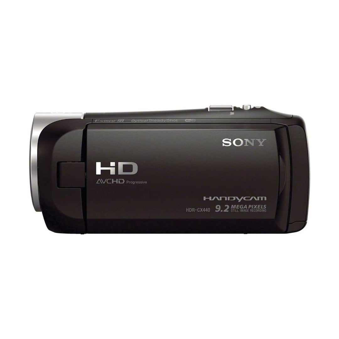 Side profile of black Sony HDR-CX440 compact camcorder with Exmor R sensor by ClubCamera.com