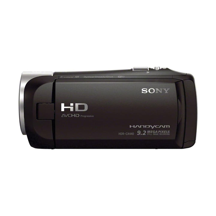 Side profile of black Sony HDR-CX440 compact camcorder with Exmor R sensor by ClubCamera.com