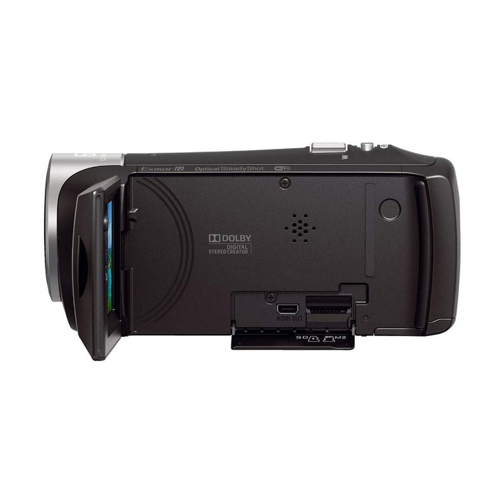 Rear view of black Sony HDR-CX440 camcorder with SD slot and HDMI port by ClubCamera.com