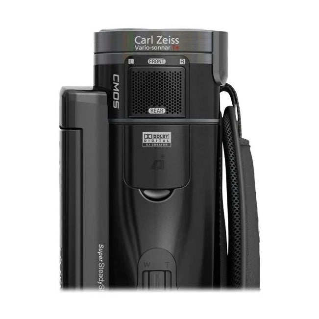 Rear view of black Sony HDR-CX7 camcorder by ClubCamera.com showing Super SteadyShot badge and speaker grille