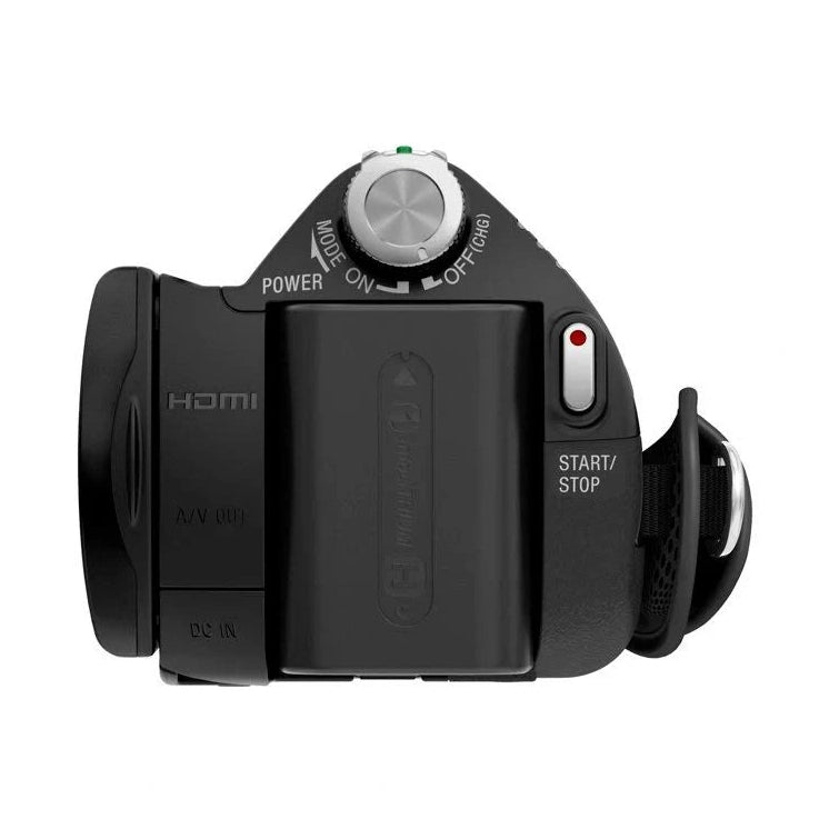 Top controls on black Sony HDR-CX7 camcorder by ClubCamera.com featuring mode dial and HDMI port