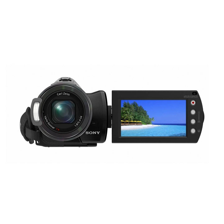 Sony HDR-CX7 camcorder by ClubCamera.com with rotating LCD screen displaying beach scene