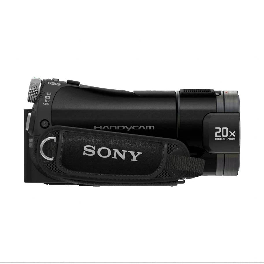 Black Sony Handycam camcorder by ClubCamera.com with shoulder strap and digital zoom ring visible