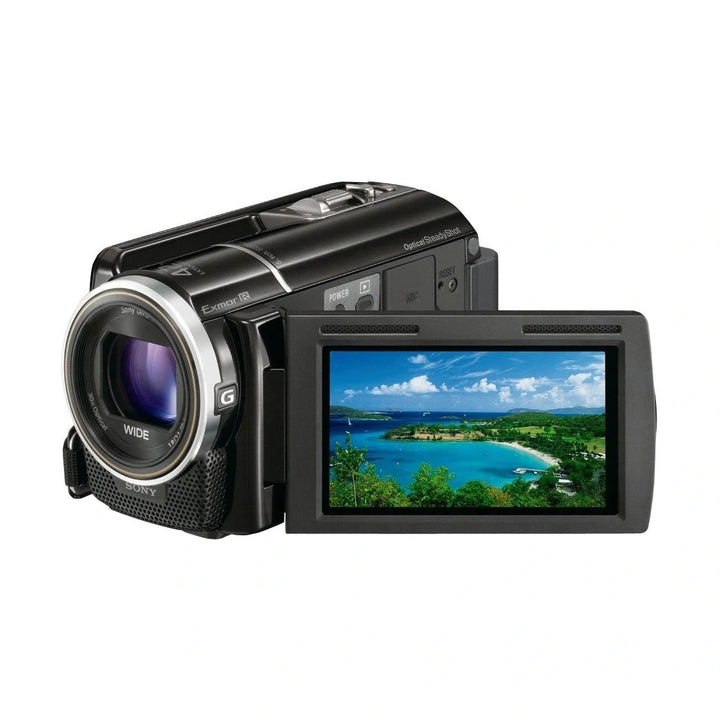 ClubCamera.com Sony HDR-XR160 camcorder with open LCD displaying coastal island scene and Optical SteadyShot