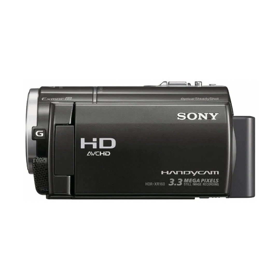 ClubCamera.com front profile of black Sony HDR-XR160 Handycam with G Lens and HD AVCHD text